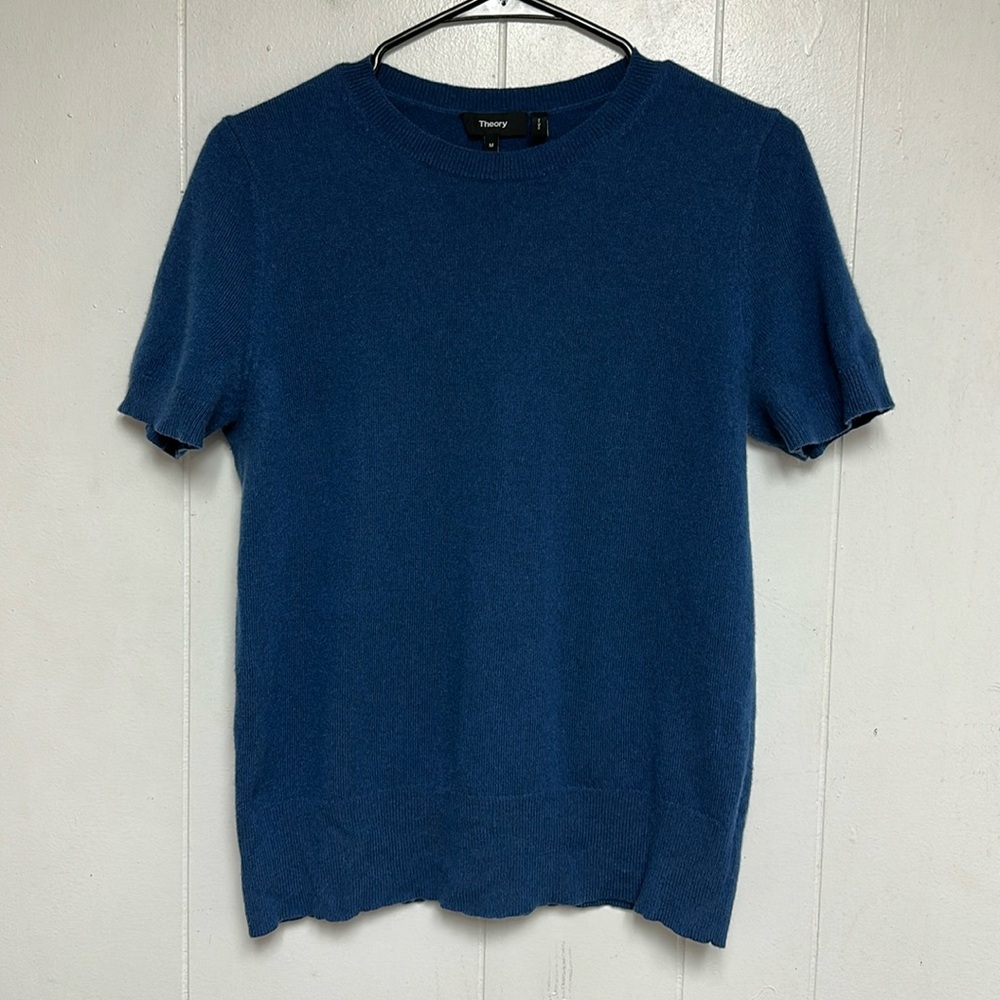 Theory Tolleree Soft Cashmere Short Sleeve Sweater In Blue Size M